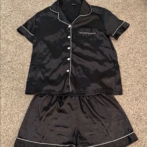 Women's Black Satin Short Pajama Set with White Piping